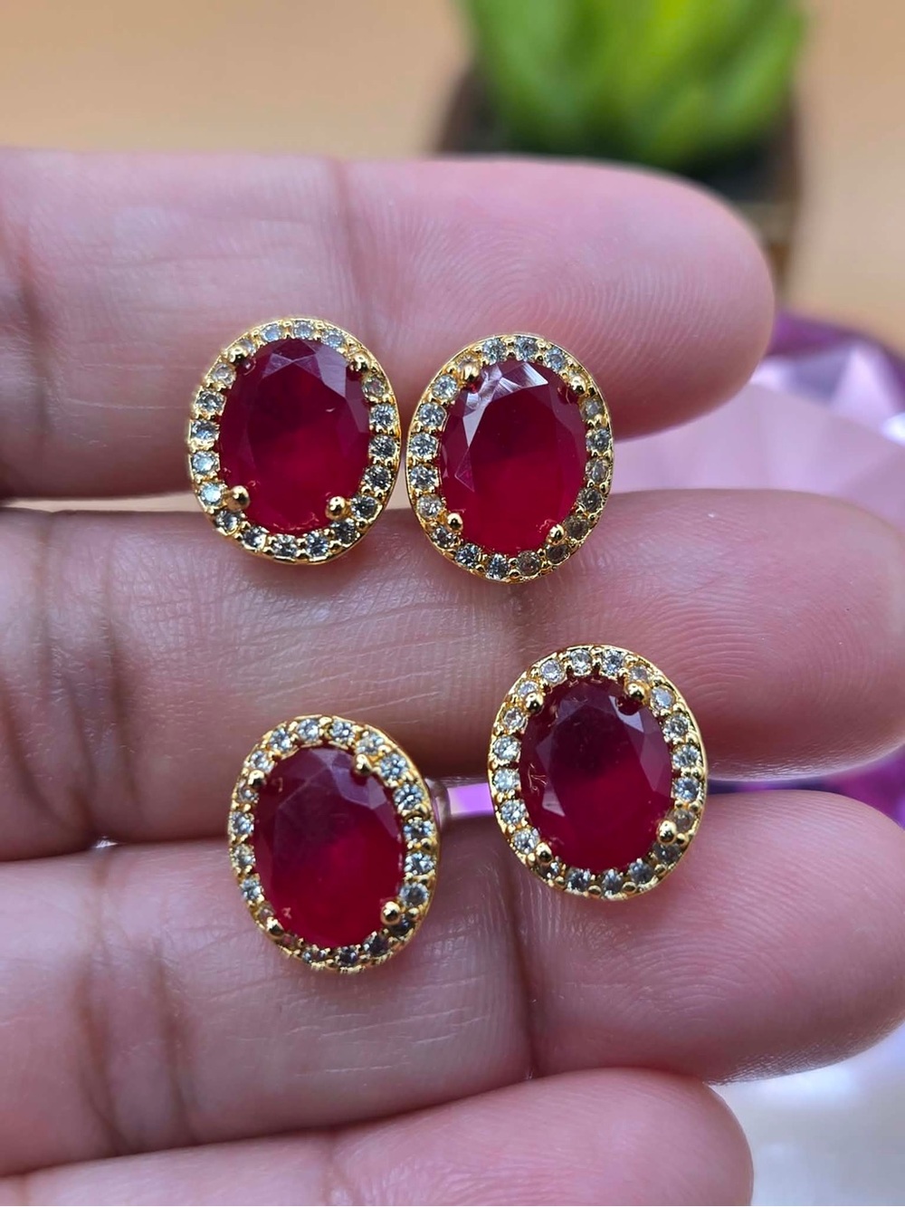 Gold-Plated Red Gem Halo Stud Earrings - Women Jewelry